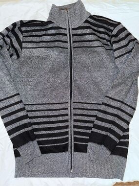 TRUE ROCK Men's Gray and Black Striped Full-Zip Sweater Jacket